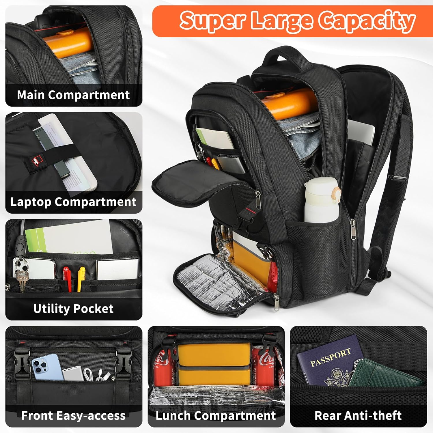 Sac à dos de voyage Extra-Large pour le déjeuner et l'ordinateur portable avec port de chargement USB