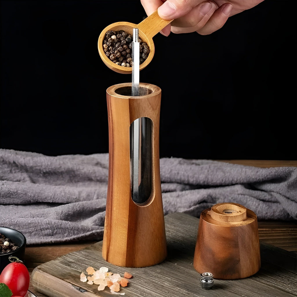 SpiceCraft Ensemble de moulins à sel et à poivre manuels – Design en bois avec fenêtre en acrylique Réglages de mouture ajustables