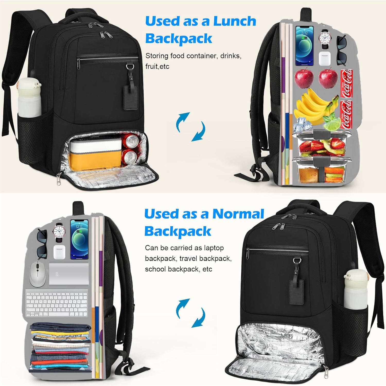Sac à dos étanche pour ordinateur portable et déjeuner avec port USB – Sac de voyage multi-compartiments