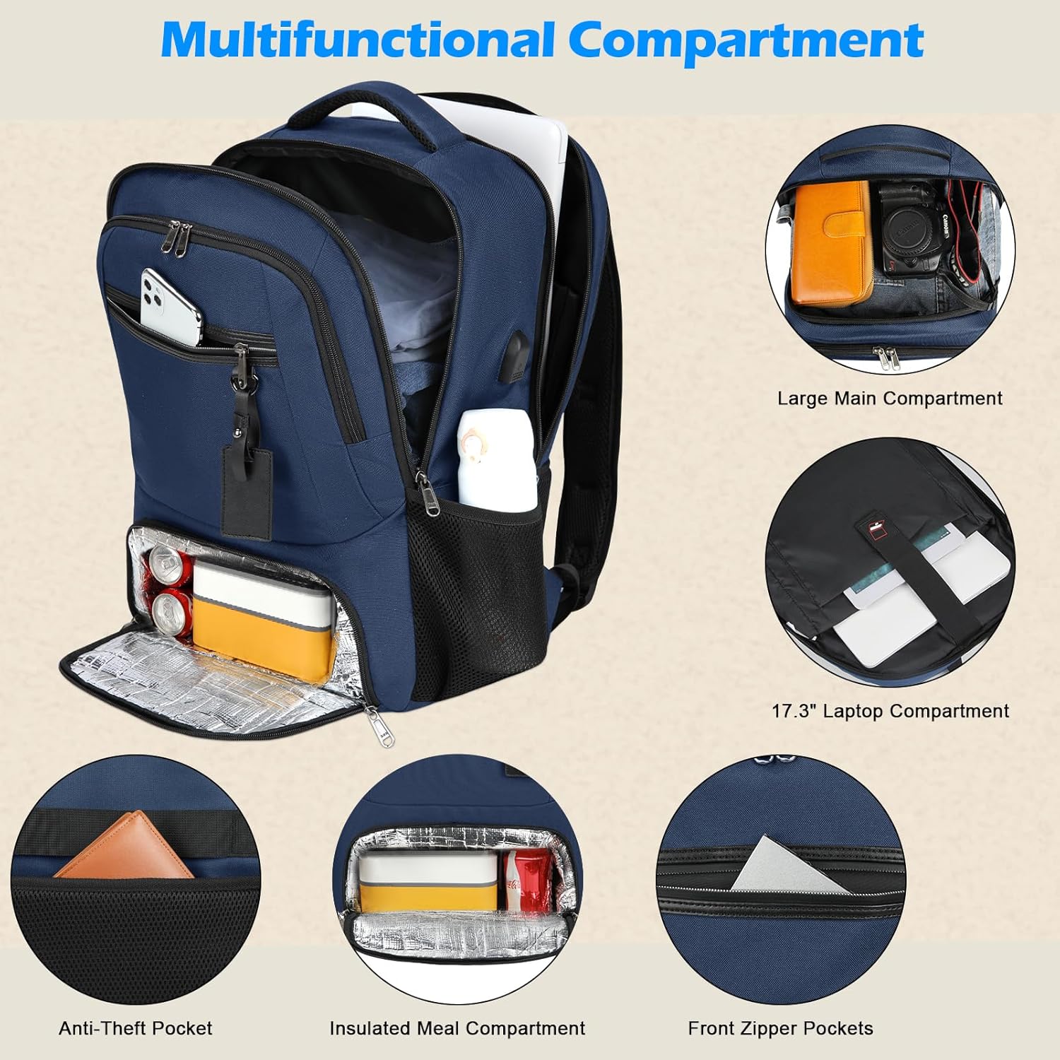 Sac à dos étanche pour ordinateur portable et déjeuner avec port USB – Sac de voyage multi-compartiments