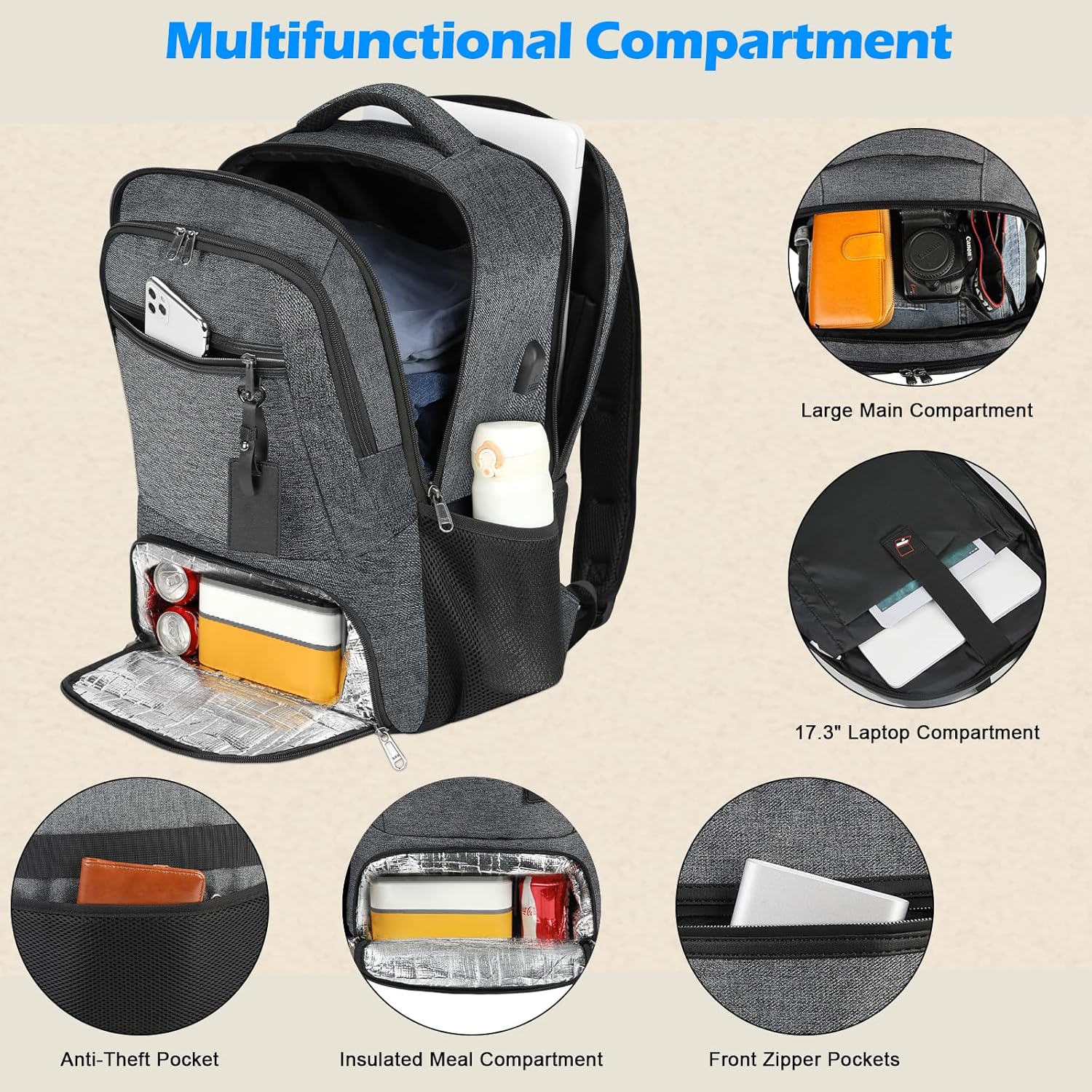 Sac à dos étanche pour ordinateur portable et déjeuner avec port USB – Sac de voyage multi-compartiments