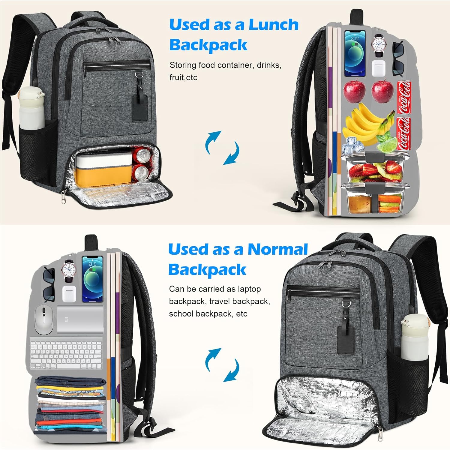 Sac à dos étanche pour ordinateur portable et déjeuner avec port USB – Sac de voyage multi-compartiments