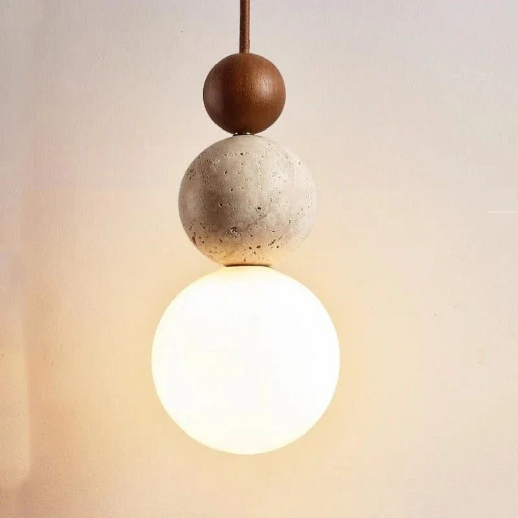 Lampe suspendue moderne en travertin et acajou - NaturaLuxe