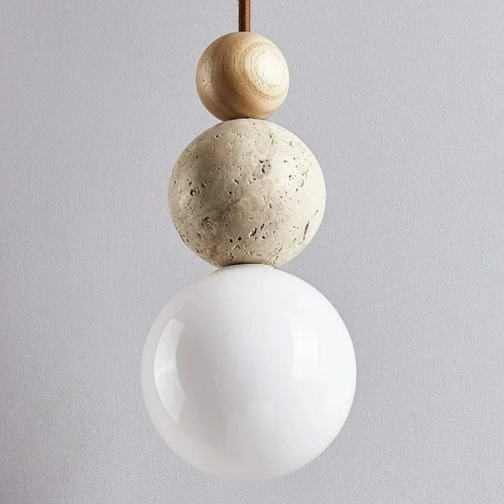 Lampe suspendue moderne en travertin et acajou - NaturaLuxe