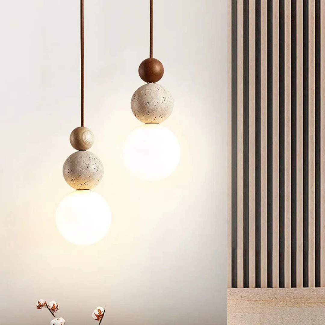 Lampe suspendue moderne en travertin et acajou - NaturaLuxe