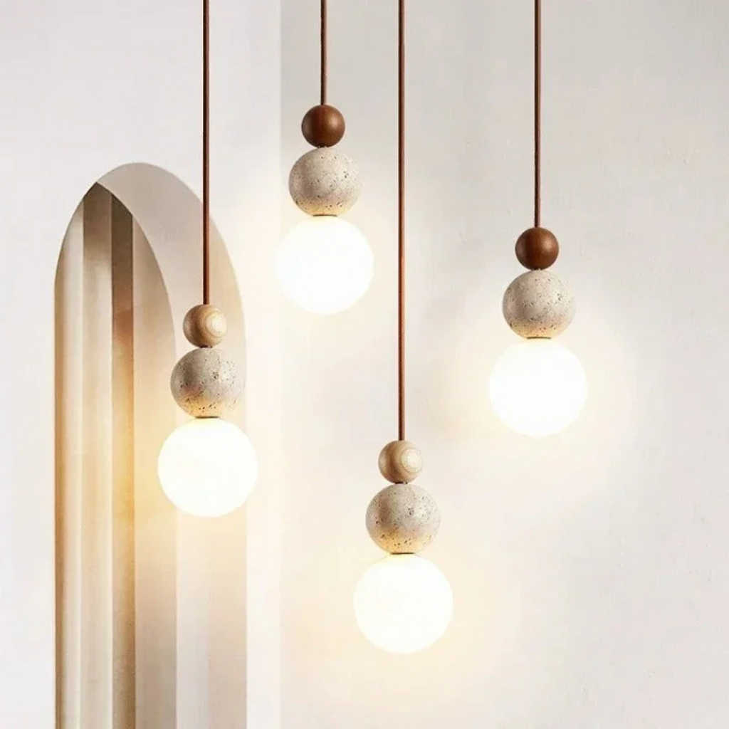 Lampe suspendue moderne en travertin et acajou - NaturaLuxe