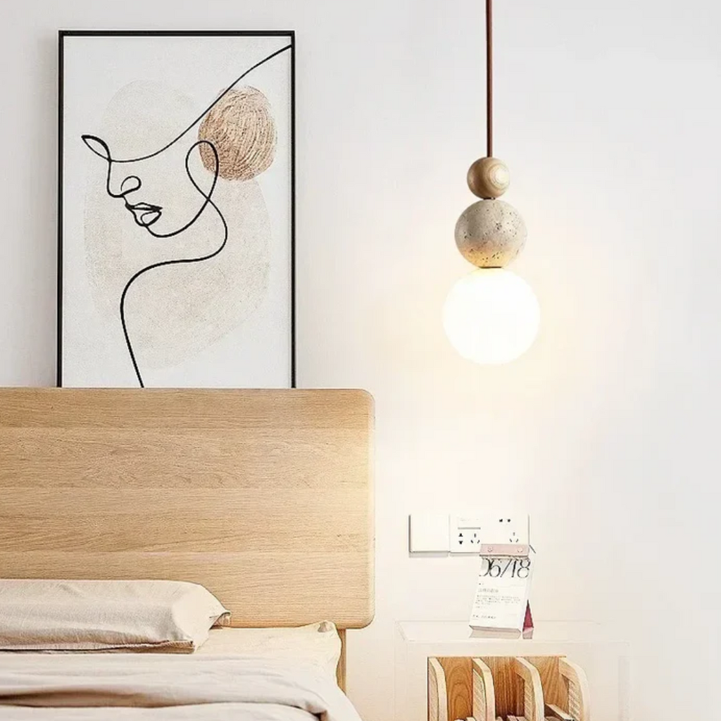 Lampe suspendue moderne en travertin et acajou - NaturaLuxe
