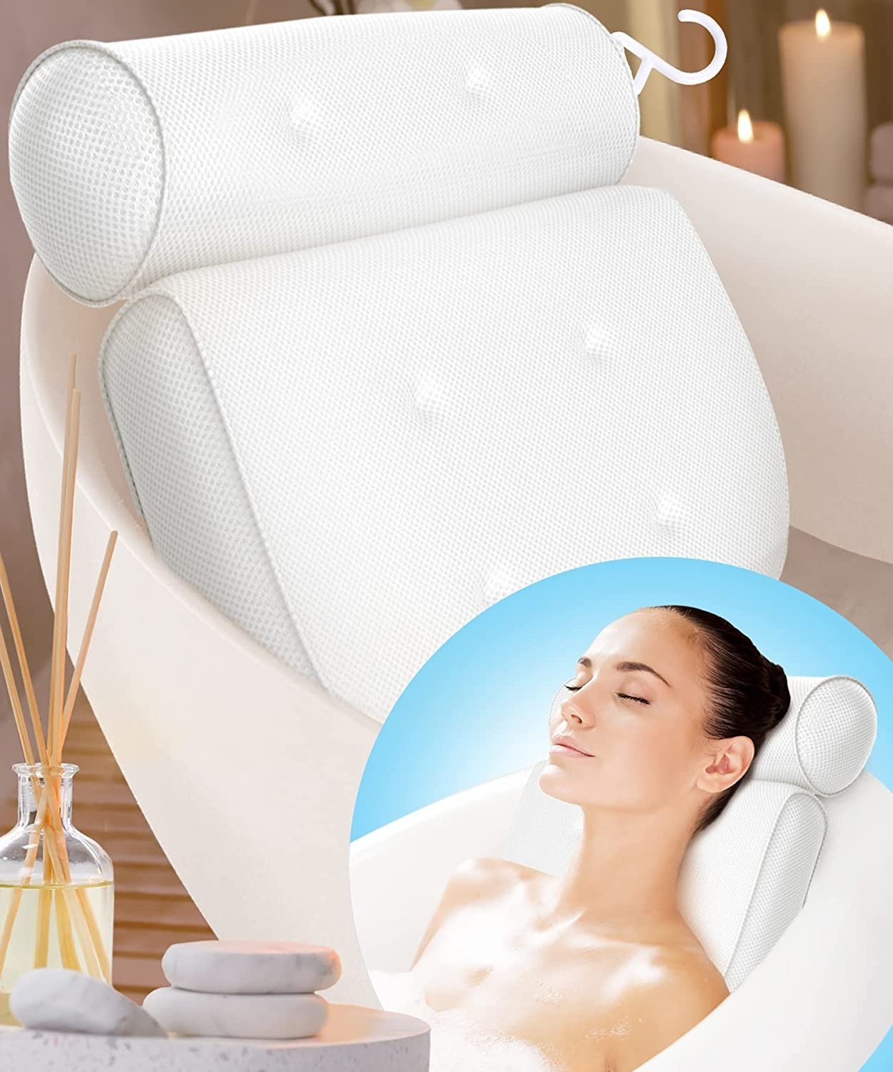 Coussin de bain orthopédique - Coussin de tête de baignoire respirant en tissu maillé 3D avec ventouses