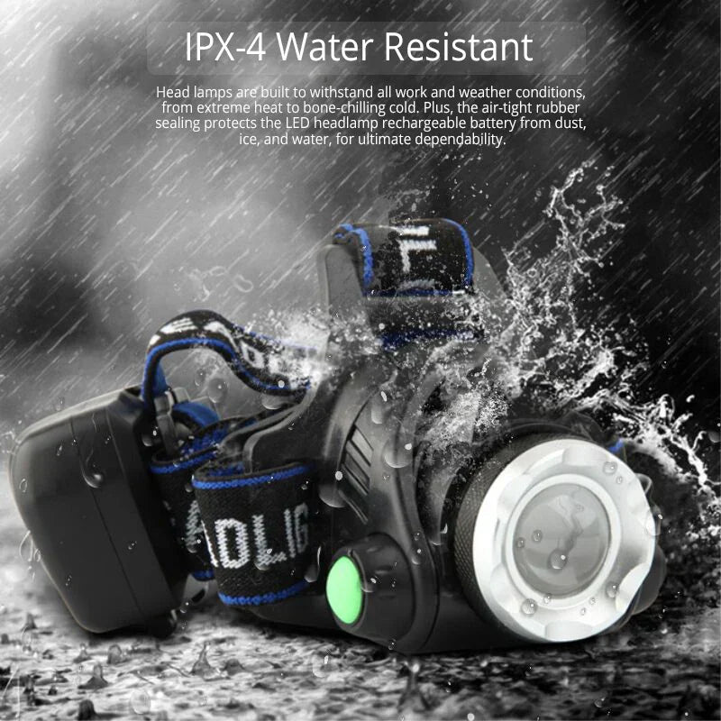 LAMPE FRONTALE ÉTANCHE PUISSANTE AVEC ZOOM & BATTERIE RECHARGEABLE POUR ACTIVITÉS EN PLEIN AIR
