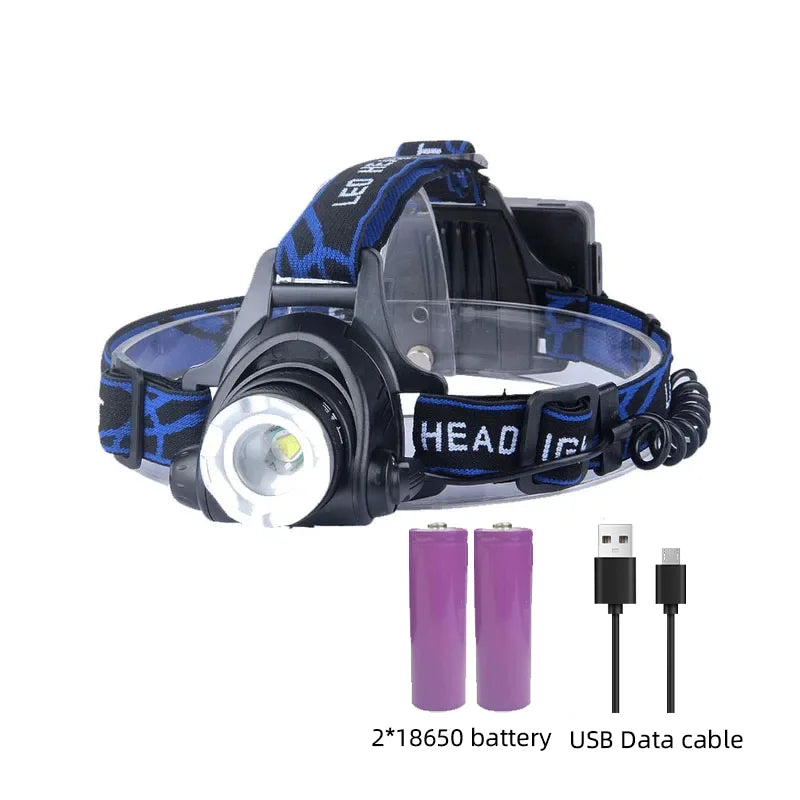 LAMPE FRONTALE ÉTANCHE PUISSANTE AVEC ZOOM & BATTERIE RECHARGEABLE POUR ACTIVITÉS EN PLEIN AIR