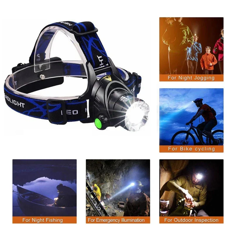 LAMPE FRONTALE ÉTANCHE PUISSANTE AVEC ZOOM & BATTERIE RECHARGEABLE POUR ACTIVITÉS EN PLEIN AIR