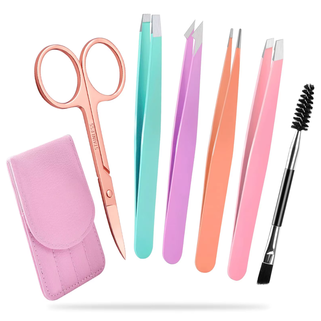 Set de Pinces à Épiler de Précision - 6 pièces pour Sourcils avec Étui de Voyage