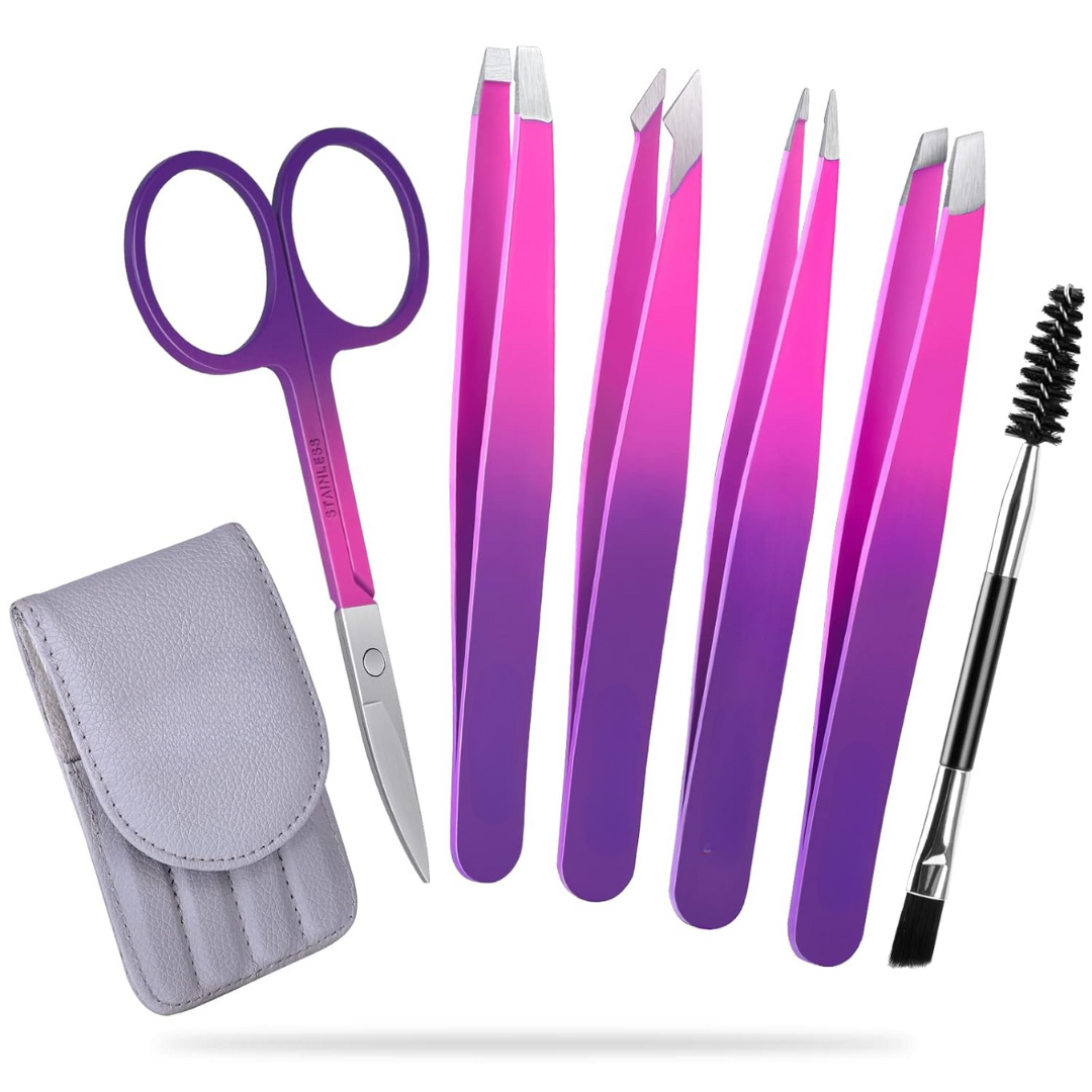 Set de Pinces à Épiler de Précision - 6 pièces pour Sourcils avec Étui de Voyage