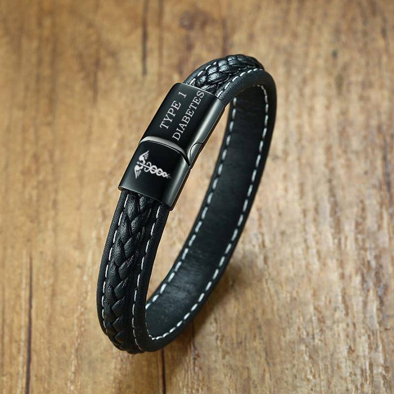 Skanto | Bracelet Médical d'Alerte pour Diabétiques pour Hommes - Cuir Noir Tissé - Pour Diabète de Type 1 et Type 2