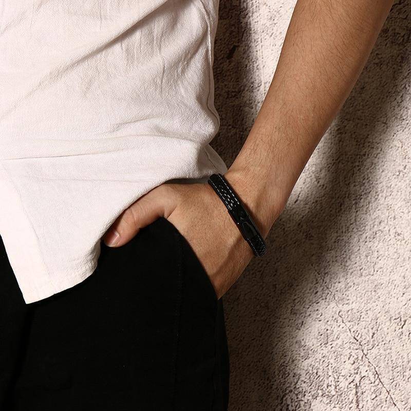 Skanto | Bracelet Médical d'Alerte pour Diabétiques pour Hommes - Cuir Noir Tissé - Pour Diabète de Type 1 et Type 2