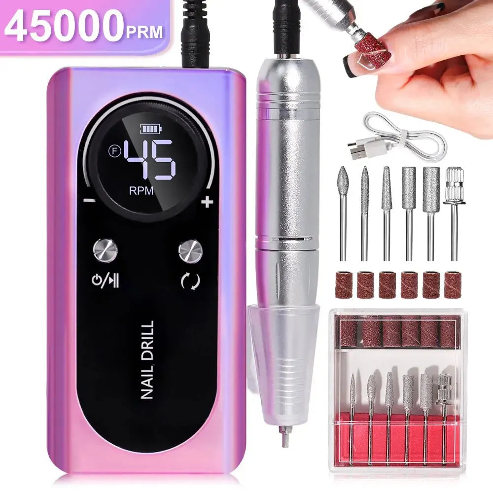 FICHE ÉLECTRIQUE PORTABLE PROFESSIONNELLE À 45000RPM AVEC BATTERIE RECHARGEABLE | NIVEAU DE BRUIT FAIBLE POUR MANUCURE