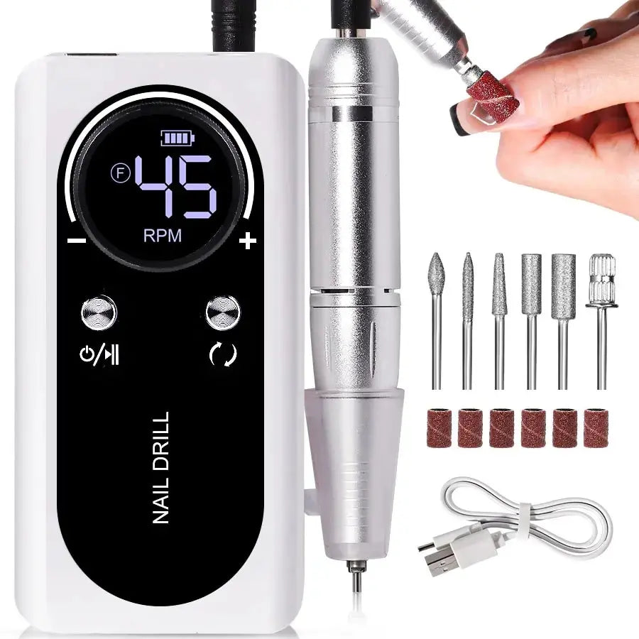 FICHE ÉLECTRIQUE PORTABLE PROFESSIONNELLE À 45000RPM AVEC BATTERIE RECHARGEABLE | NIVEAU DE BRUIT FAIBLE POUR MANUCURE