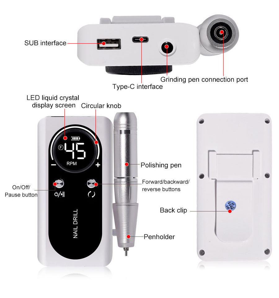 FICHE ÉLECTRIQUE PORTABLE PROFESSIONNELLE À 45000RPM AVEC BATTERIE RECHARGEABLE | NIVEAU DE BRUIT FAIBLE POUR MANUCURE