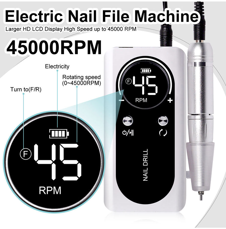 FICHE ÉLECTRIQUE PORTABLE PROFESSIONNELLE À 45000RPM AVEC BATTERIE RECHARGEABLE | NIVEAU DE BRUIT FAIBLE POUR MANUCURE
