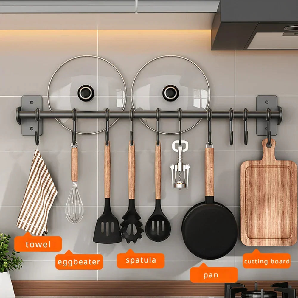 Râtelier à crochets de cuisine - Rangement mural en acier pour ustensiles de cuisine