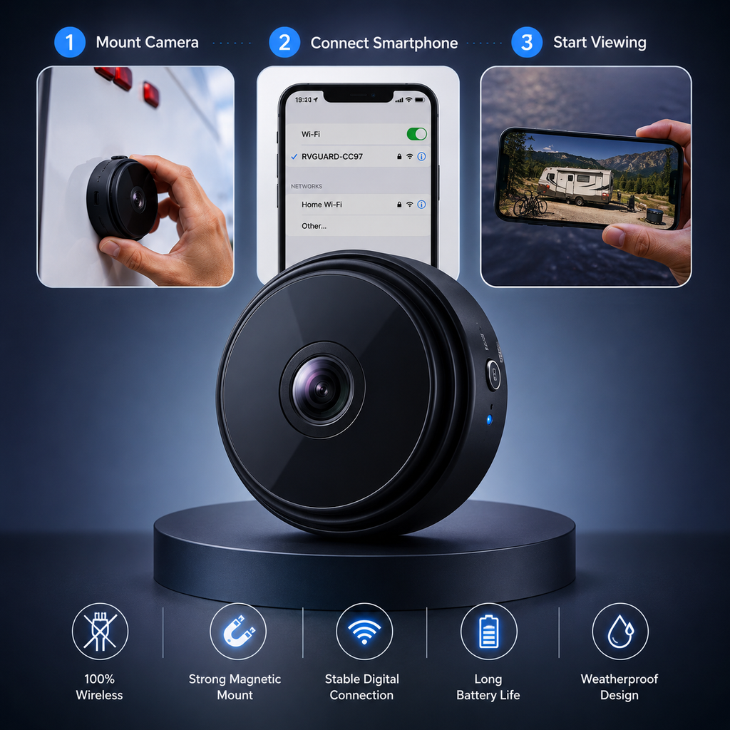 RVGUARD – Caméra de Recul Sans Fil avec Vision Nocturne et Détection de Mouvement