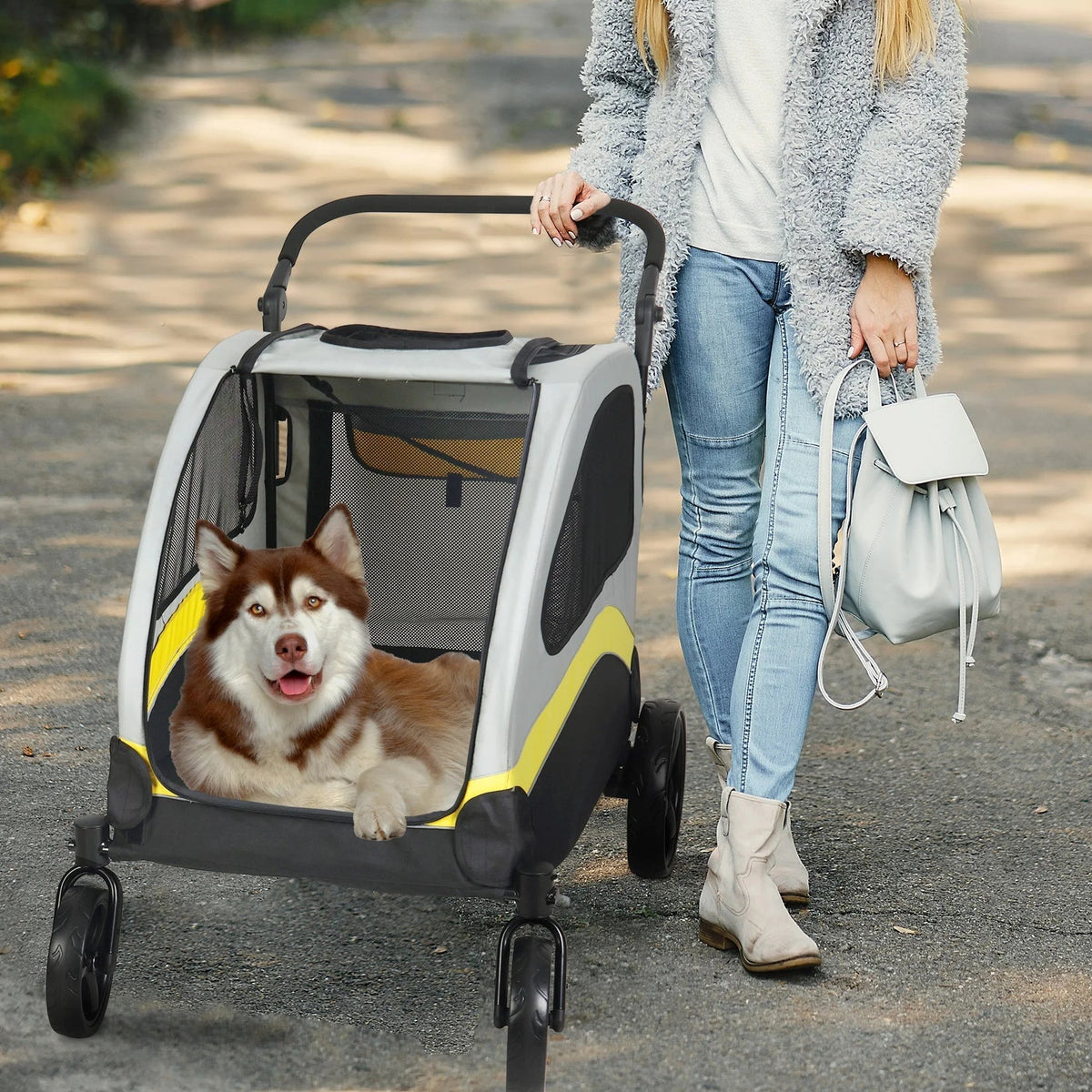Poussette Spacieuse Pliable à 4 Roues pour Chiens de Grandes Races
