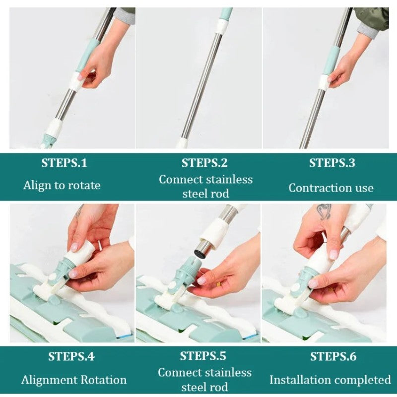 Mopmate™ | Balai plat avec manche en acier inoxydable, avec des lingettes réutilisables et lavables