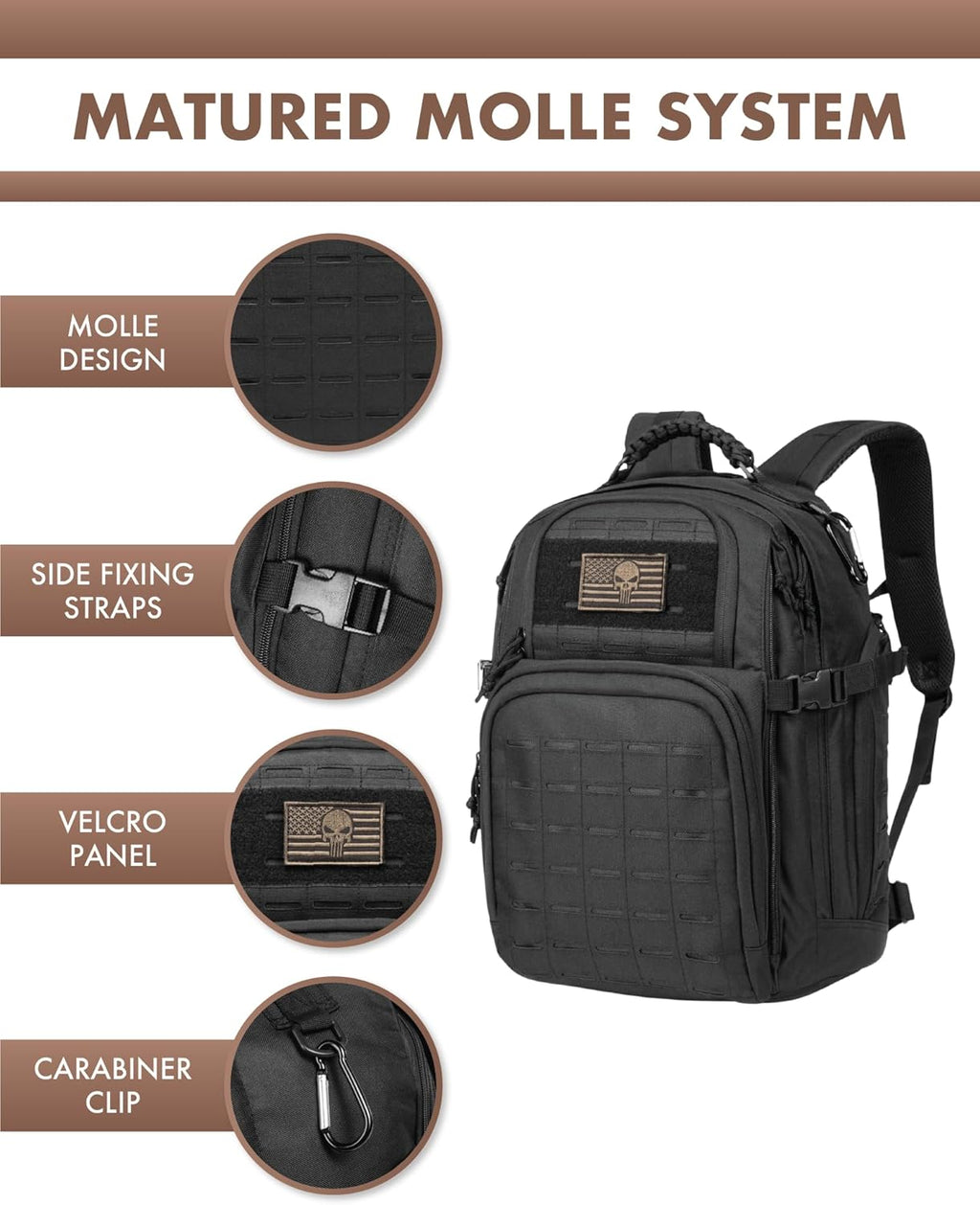 Sac à dos tactique extérieur 35L avec système Molle et rangement pour ordinateur portable