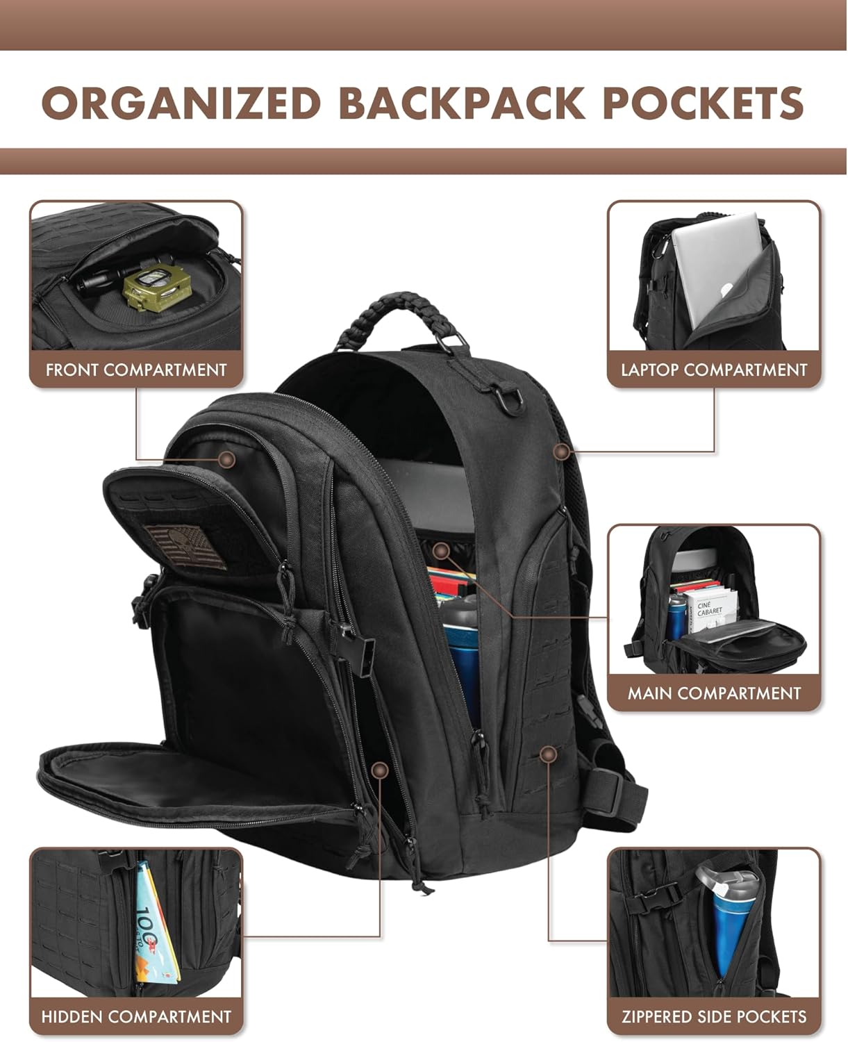 Sac à dos tactique extérieur 35L avec système Molle et rangement pour ordinateur portable