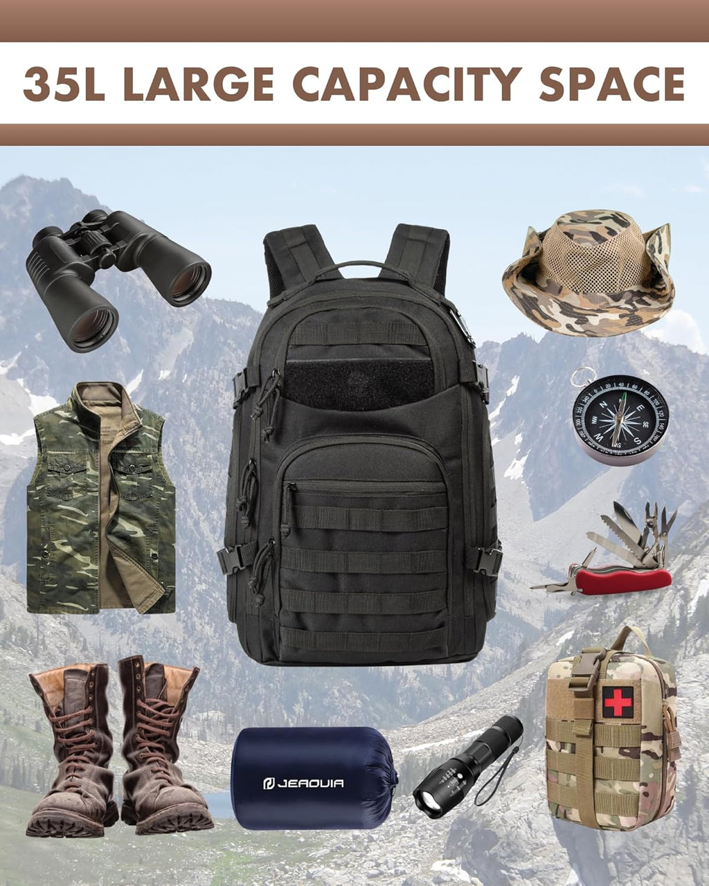 Sac à dos tactique extérieur 35L avec système Molle et rangement pour ordinateur portable