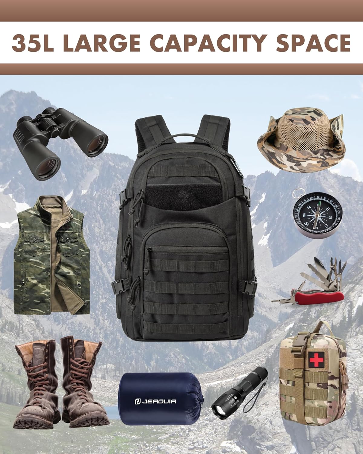 Sac à dos tactique extérieur 35L avec système Molle et rangement pour ordinateur portable