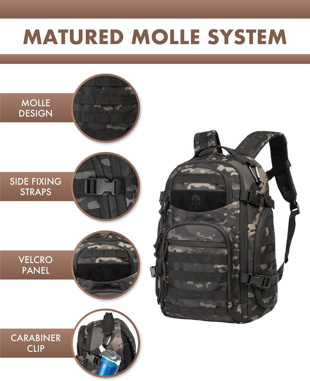 Sac à dos tactique extérieur 35L avec système Molle et rangement pour ordinateur portable