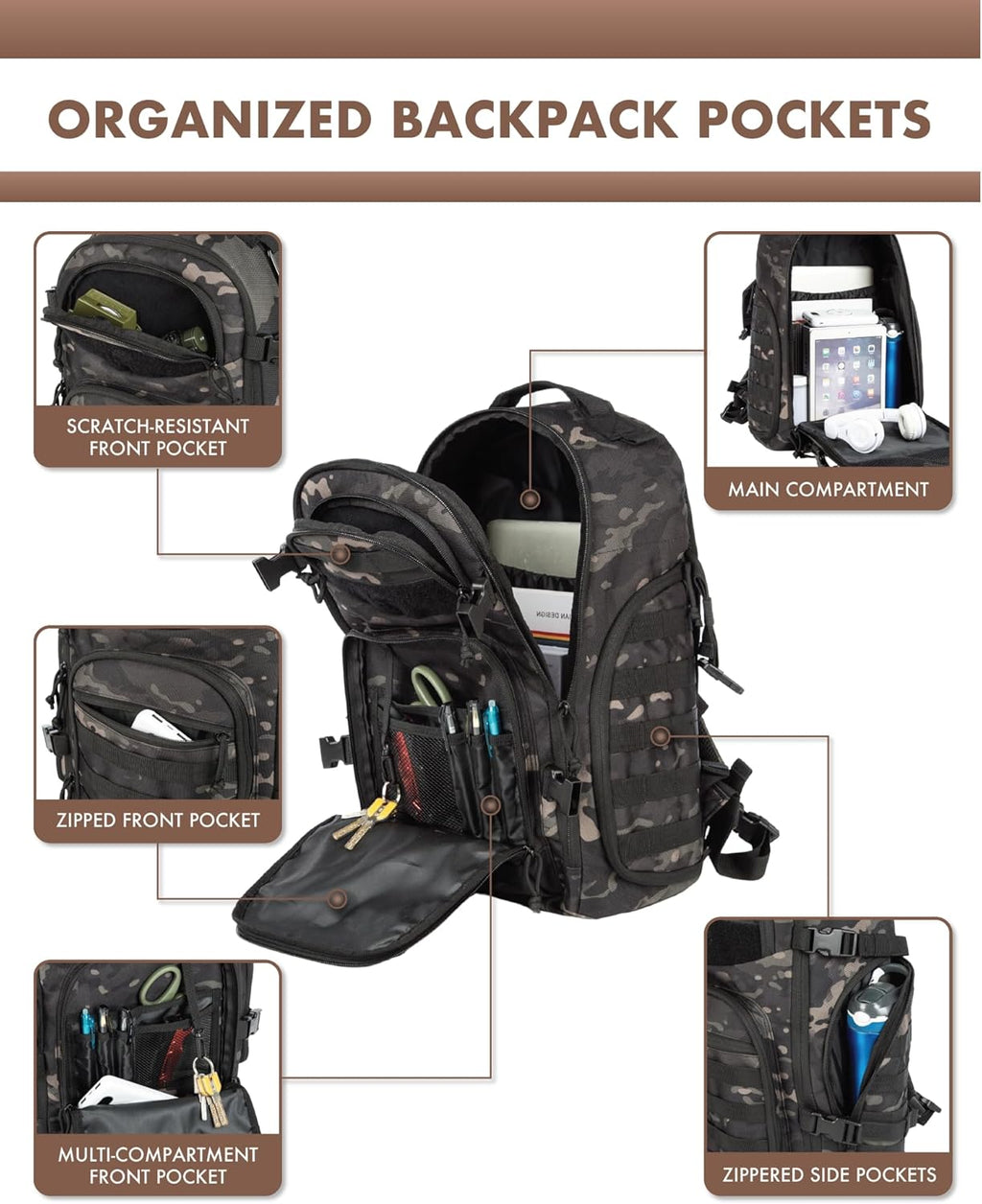 Sac à dos tactique extérieur 35L avec système Molle et rangement pour ordinateur portable