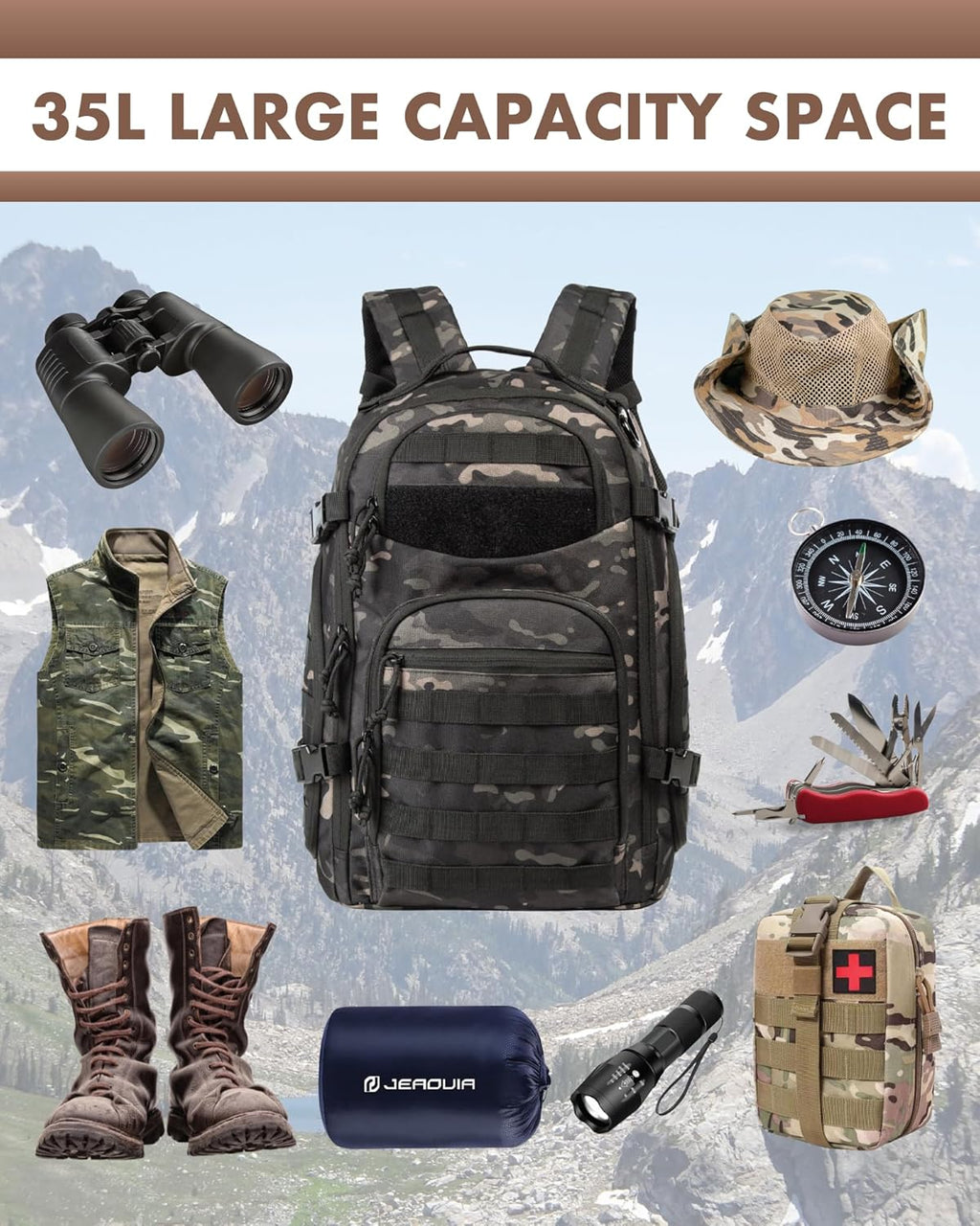 Sac à dos tactique extérieur 35L avec système Molle et rangement pour ordinateur portable