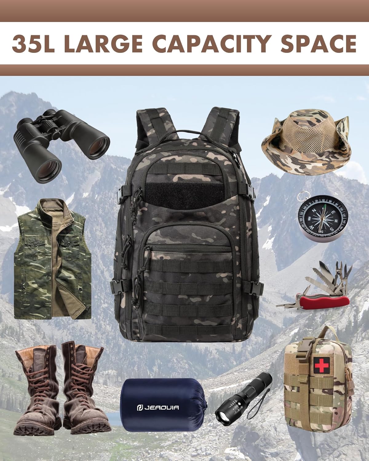 Sac à dos tactique extérieur 35L avec système Molle et rangement pour ordinateur portable