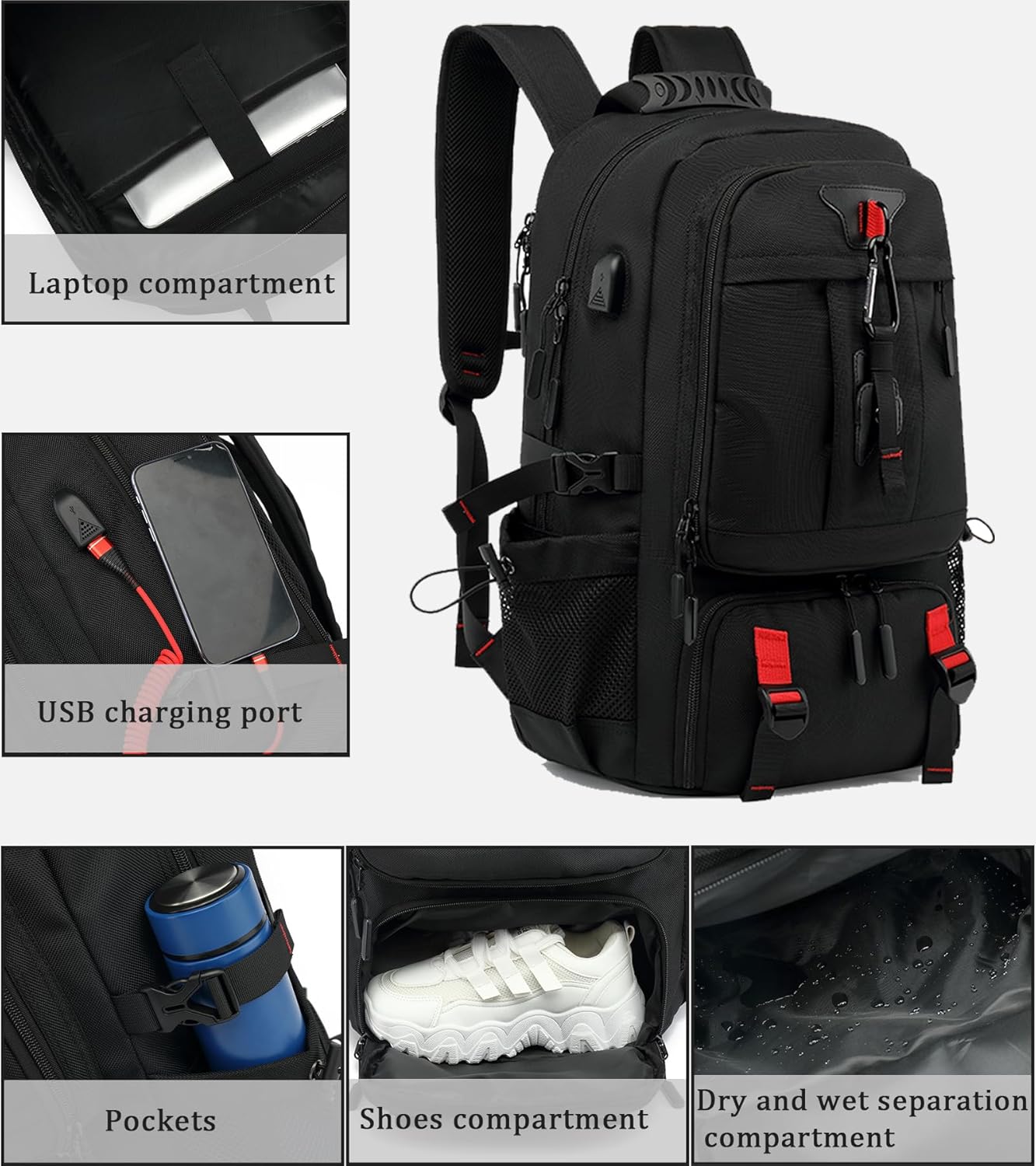 Sac à Dos de Voyage Étanche de 60L pour Ordinateur Portable avec Port USB et Compartiment à Chaussures