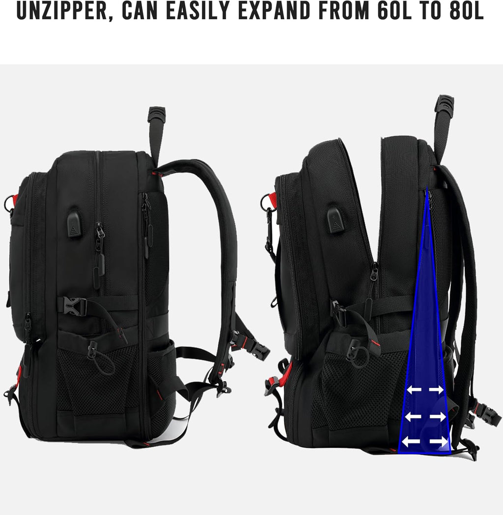 Sac à Dos de Voyage Étanche de 60L pour Ordinateur Portable avec Port USB et Compartiment à Chaussures
