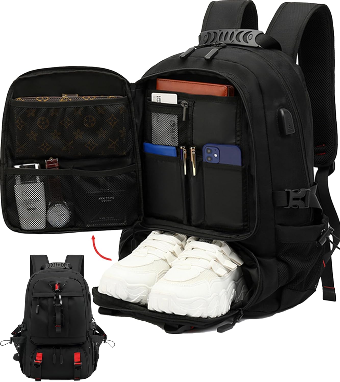 Sac à Dos de Voyage Étanche de 60L pour Ordinateur Portable avec Port USB et Compartiment à Chaussures