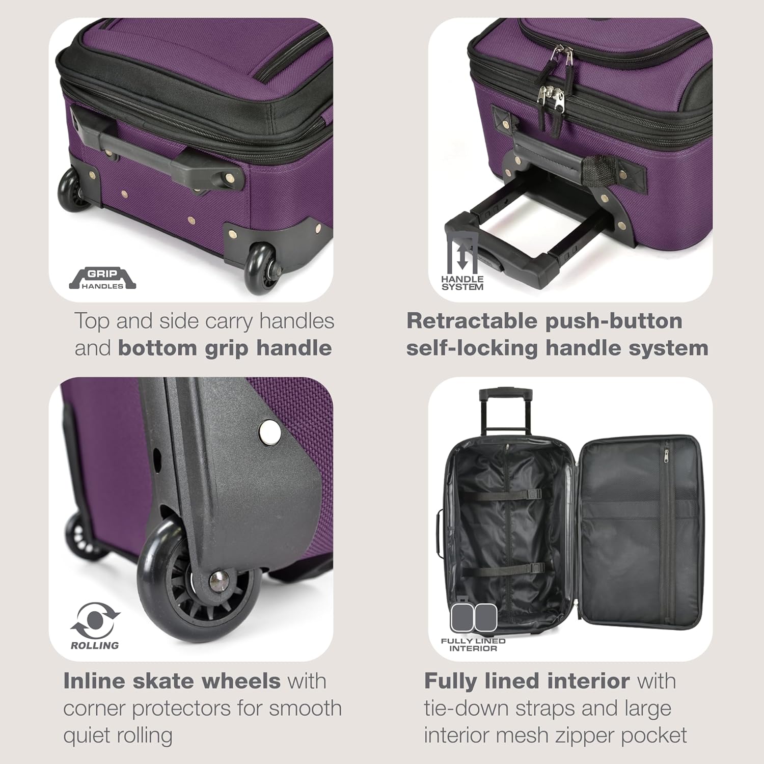 Ensemble de bagages à main souples en 2 pièces avec design extensible et roues skate