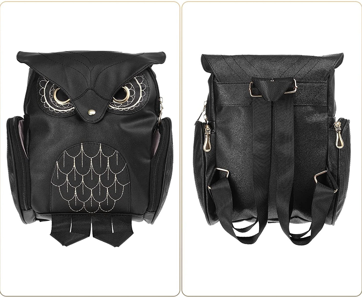 Sac à dos en cuir PU avec impression de hibou pour femmes – Design multi-poches
