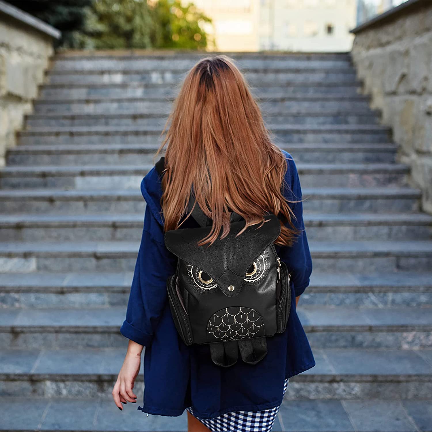 Sac à dos en cuir PU avec impression de hibou pour femmes – Design multi-poches