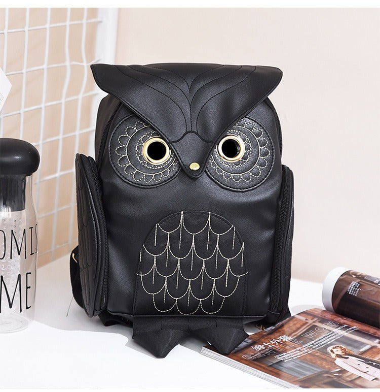 Sac à dos en cuir PU avec impression de hibou pour femmes – Design multi-poches
