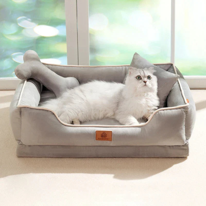 Lit pour animaux en velours doux avec coussin et bordure