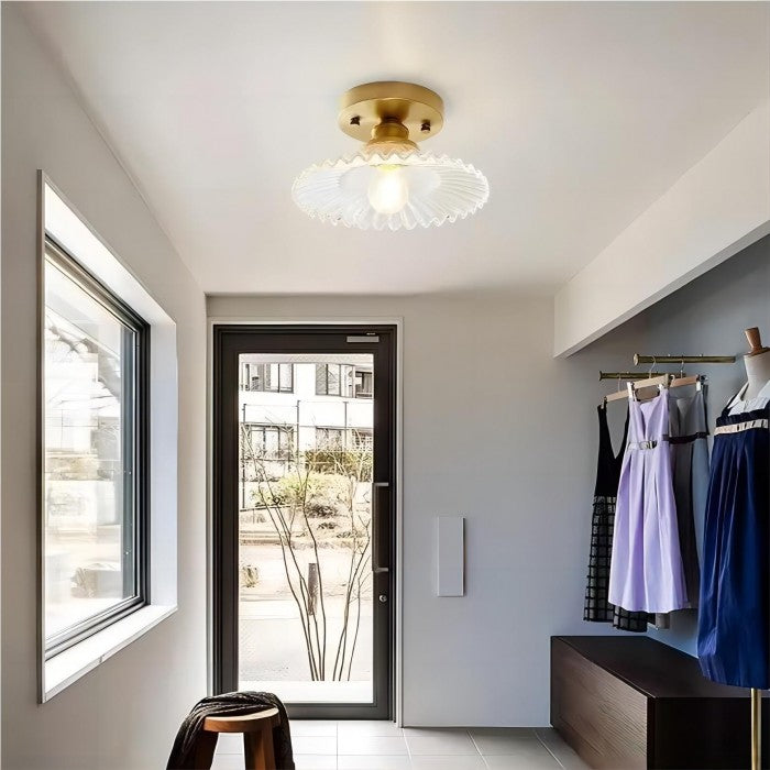 Lampe de plafond vintage en verre à pétales nervurés - Verte ou Transparente