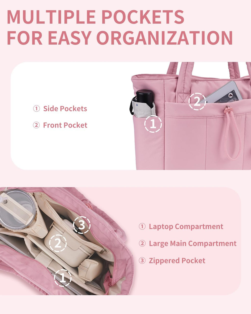 Sac Puffer matelassé avec porte-gobelet et poche pour ordinateur portable, idéal pour le voyage et le travail