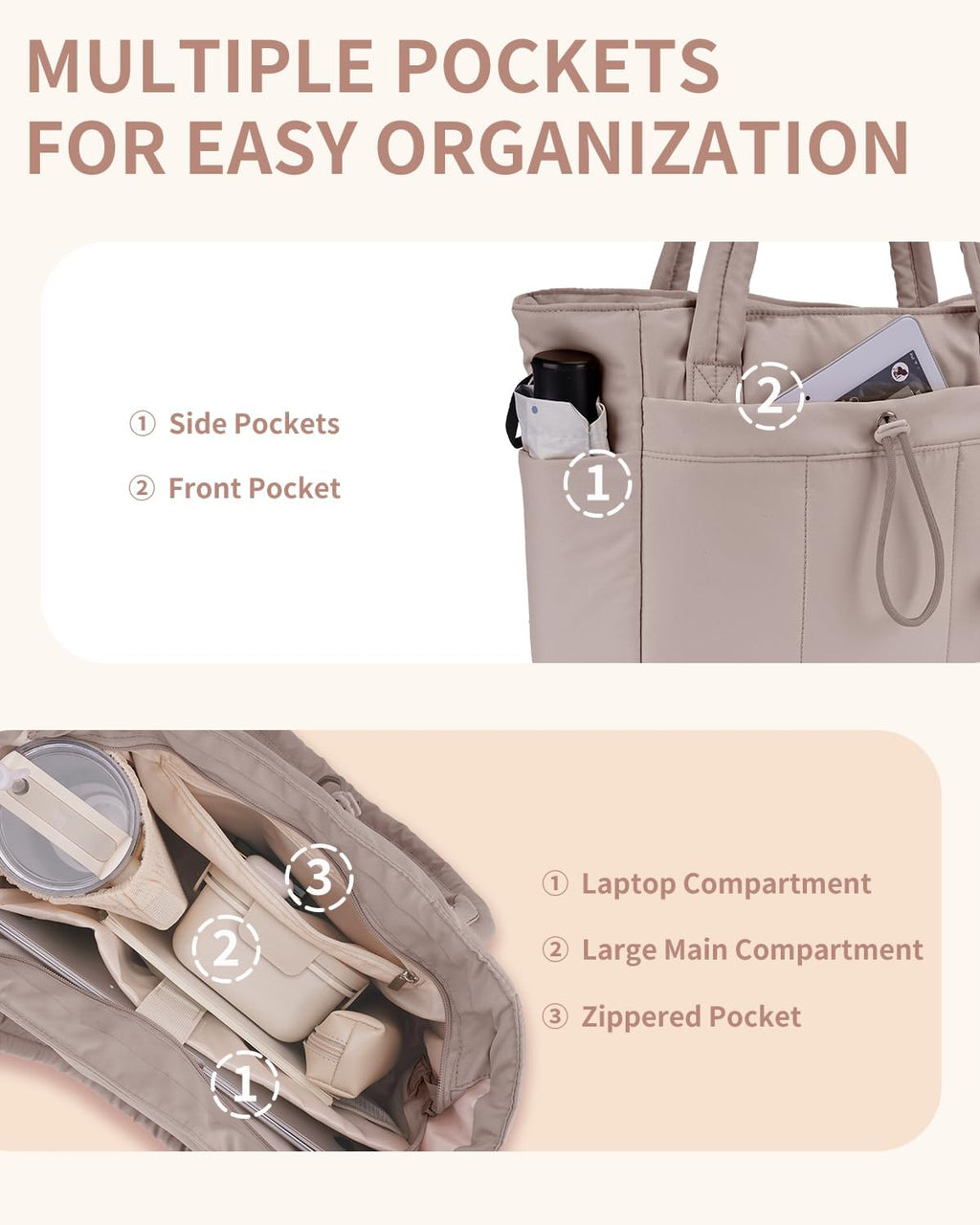 Sac Puffer matelassé avec porte-gobelet et poche pour ordinateur portable, idéal pour le voyage et le travail