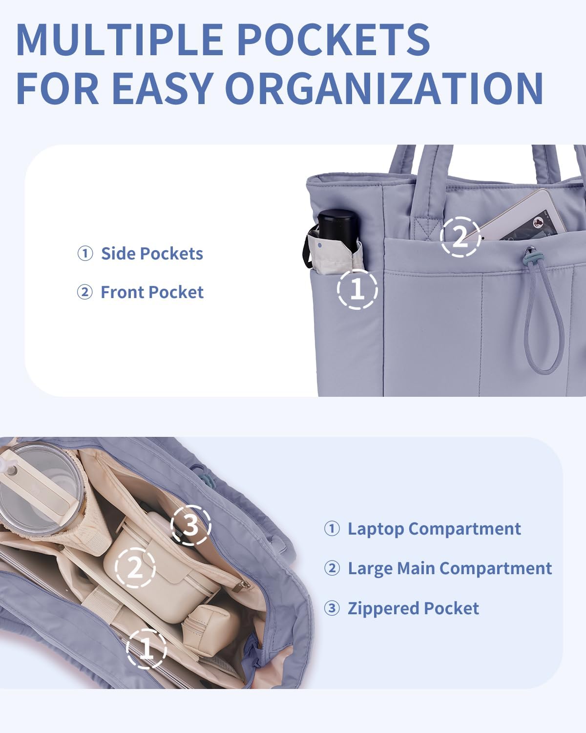 Sac Puffer matelassé avec porte-gobelet et poche pour ordinateur portable, idéal pour le voyage et le travail