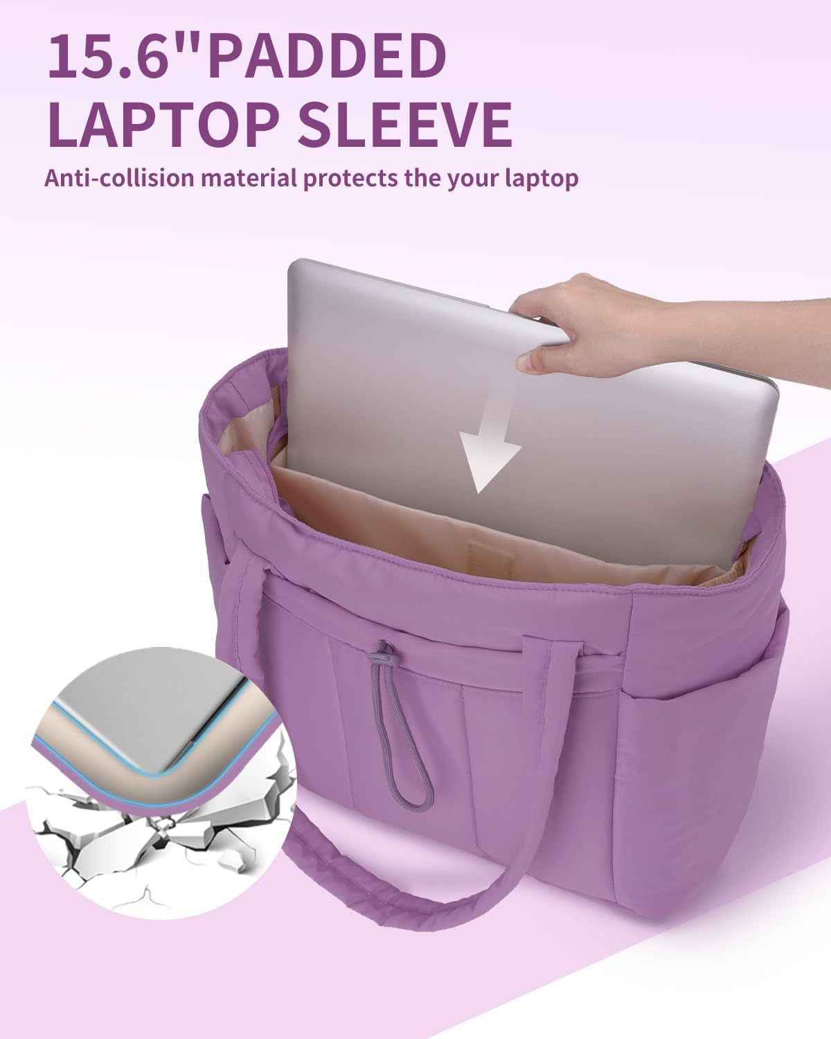 Sac Puffer matelassé avec porte-gobelet et poche pour ordinateur portable, idéal pour le voyage et le travail