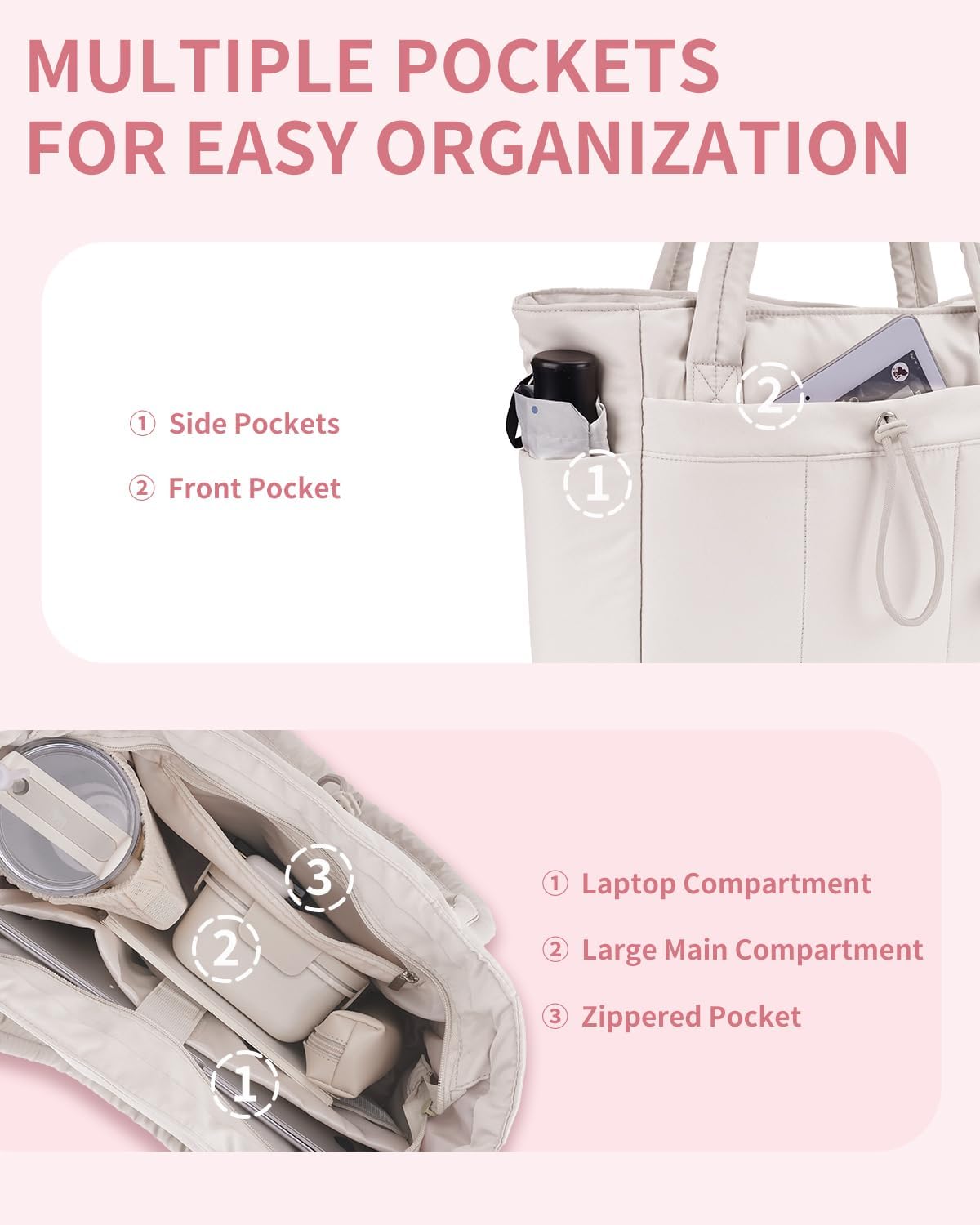 Sac Puffer matelassé avec porte-gobelet et poche pour ordinateur portable, idéal pour le voyage et le travail