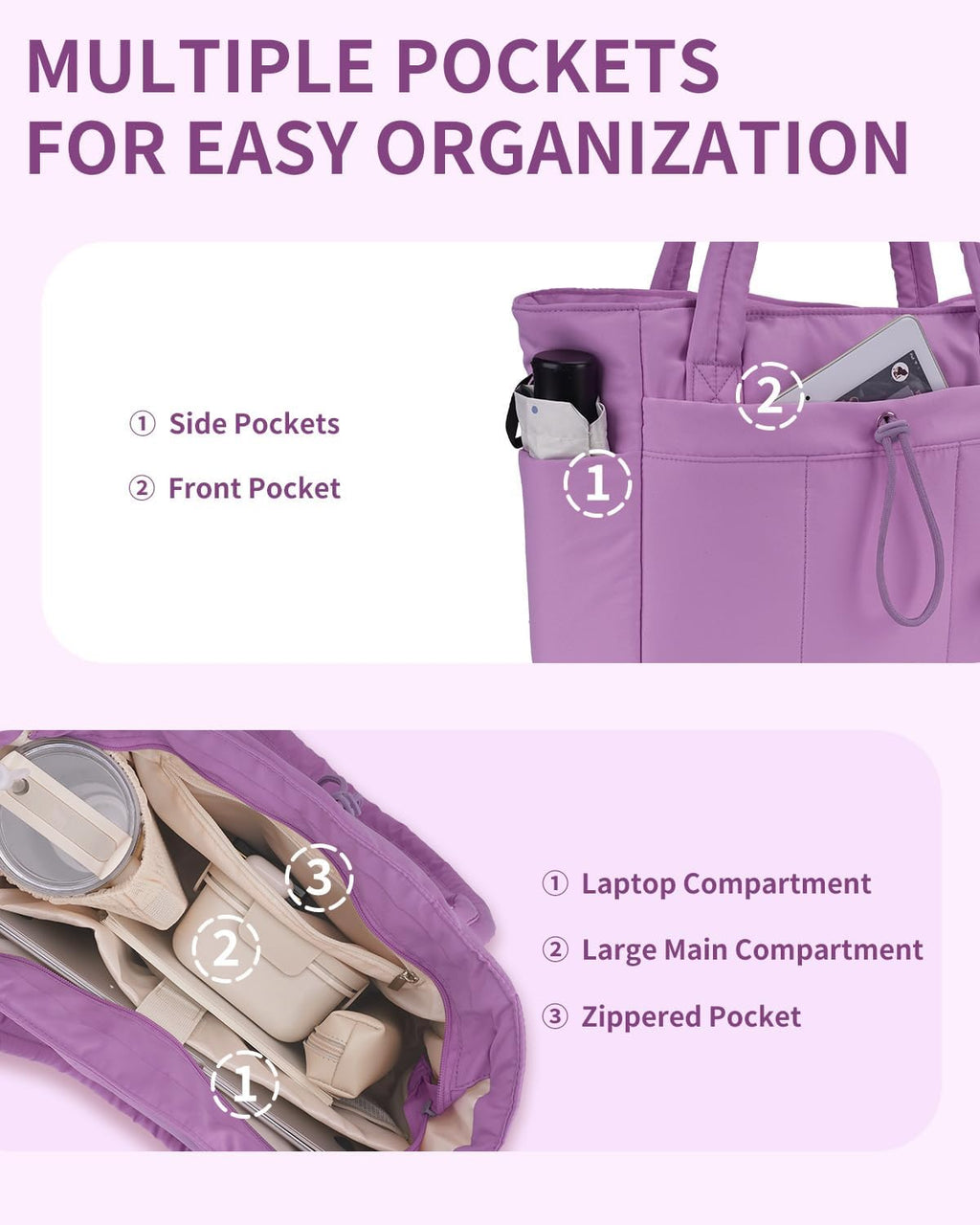 Sac Puffer matelassé avec porte-gobelet et poche pour ordinateur portable, idéal pour le voyage et le travail